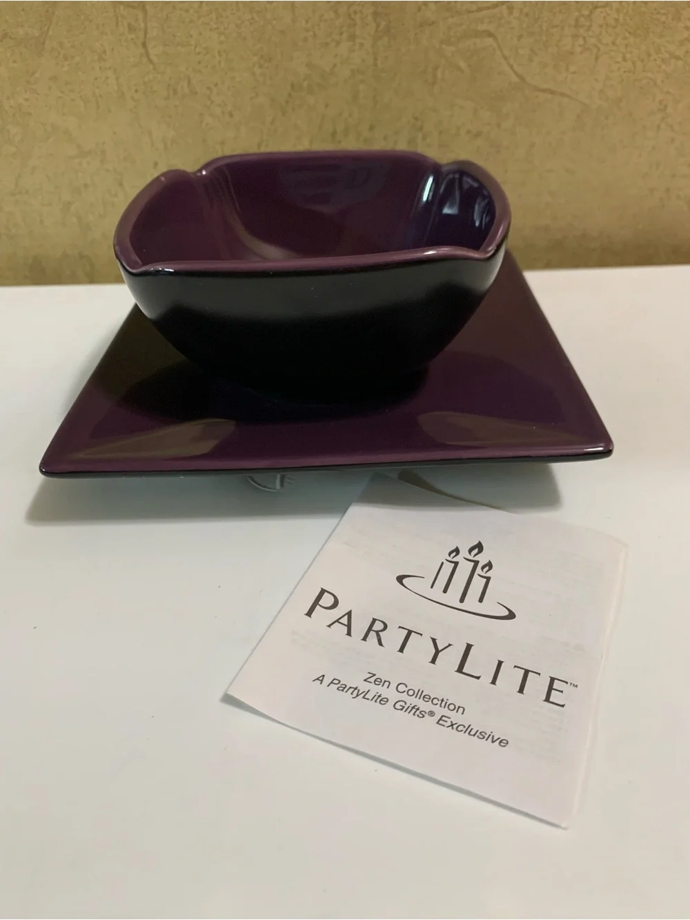 PartyLite Purple Ceramic Bowl & Matching Plate Candle Holder P8082 NEW in Box